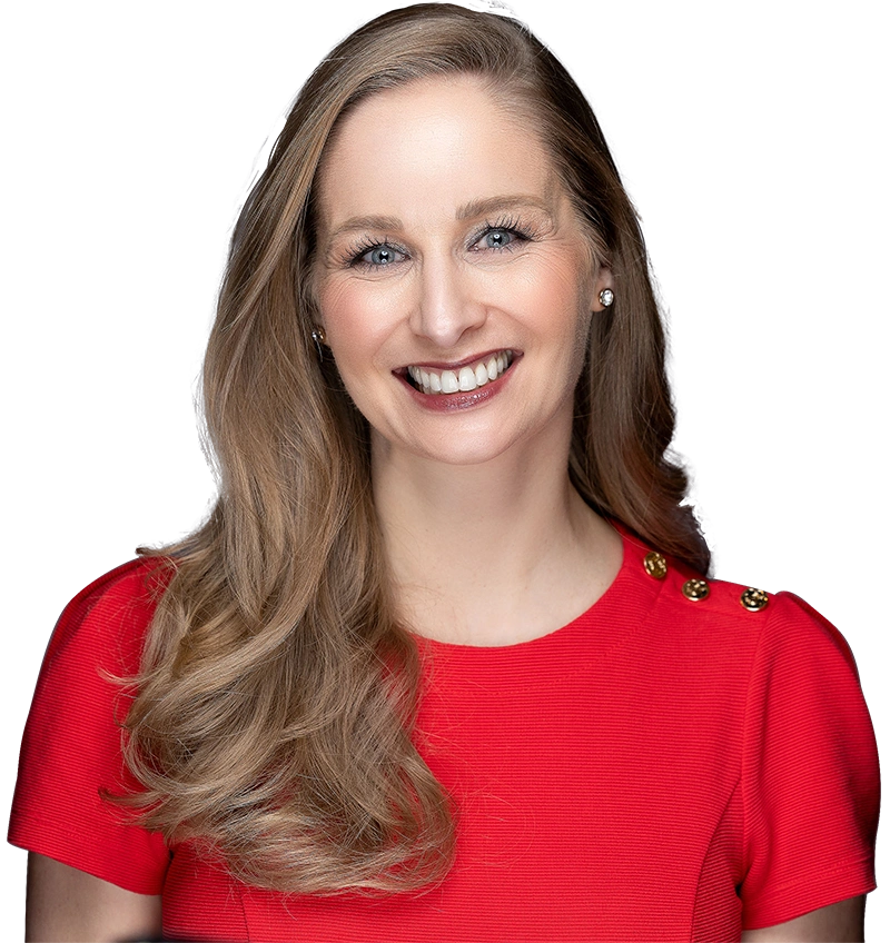 Smiling woman with long blonde hair in a red blouse.